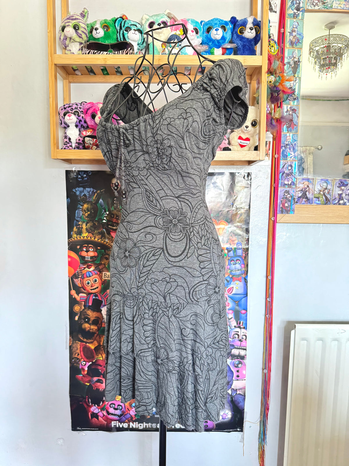 y2k vintage milkmaid floral print grey ruffle tiered mini dress