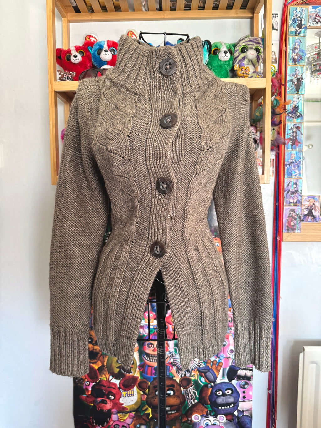 y2k vintage grey brown babydoll chunky knitted button up cardigan