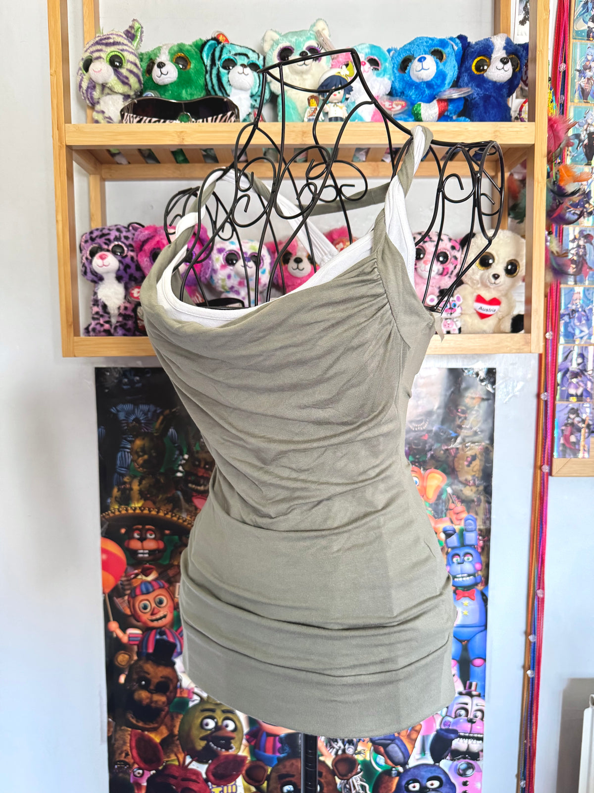 y2k vintage khaki green and white layered cowl neck fitted top with o-ring back