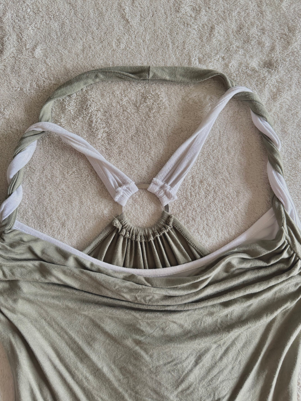y2k vintage khaki green and white layered cowl neck fitted top with o-ring back