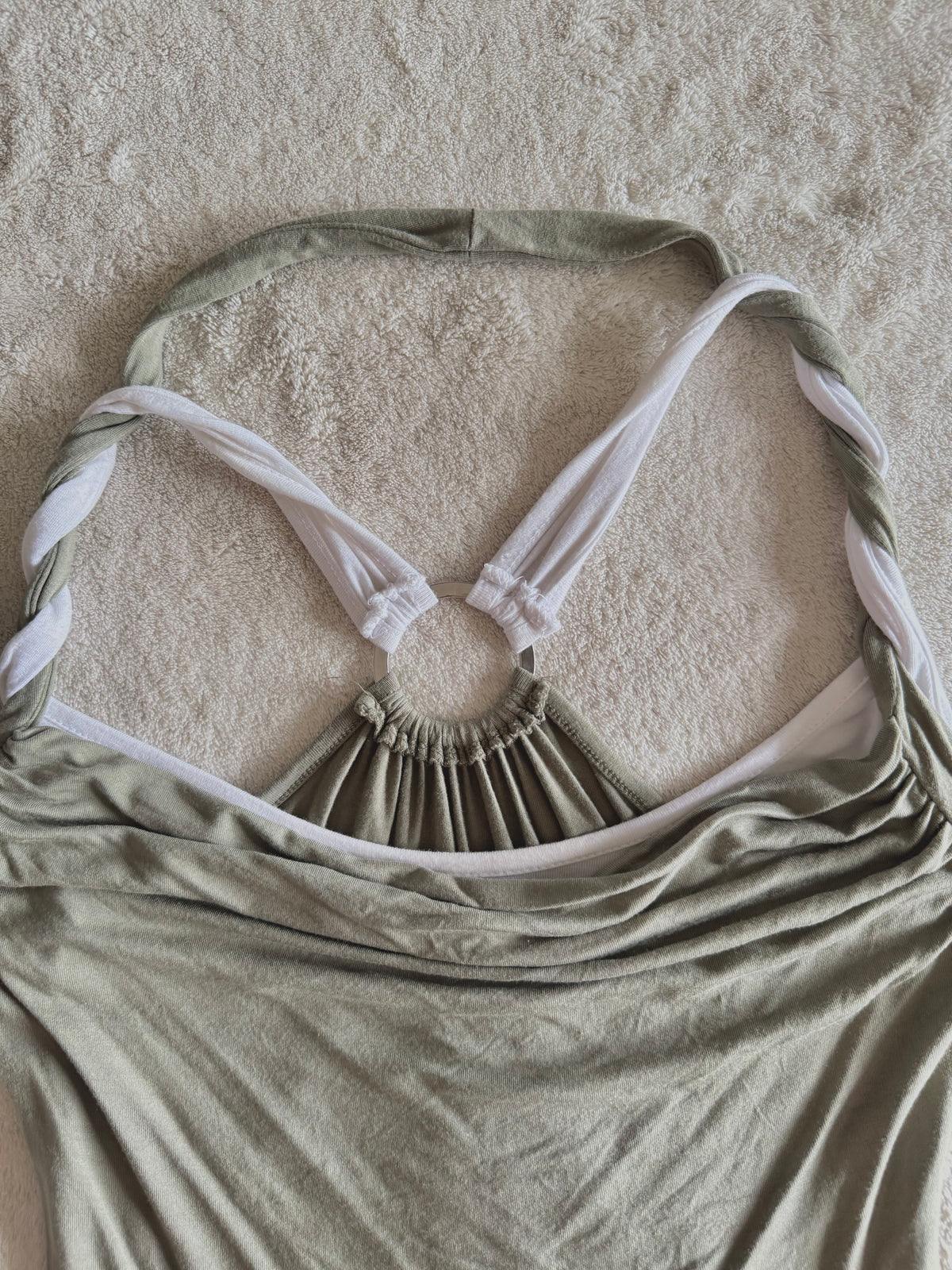 y2k vintage khaki green and white layered cowl neck fitted top with o-ring back