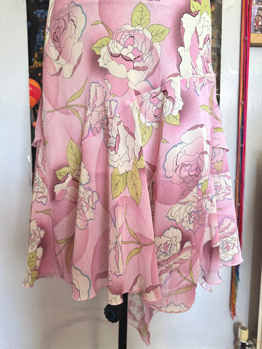y2k vintage pink floral ruffled asymmetrical hem midi dress