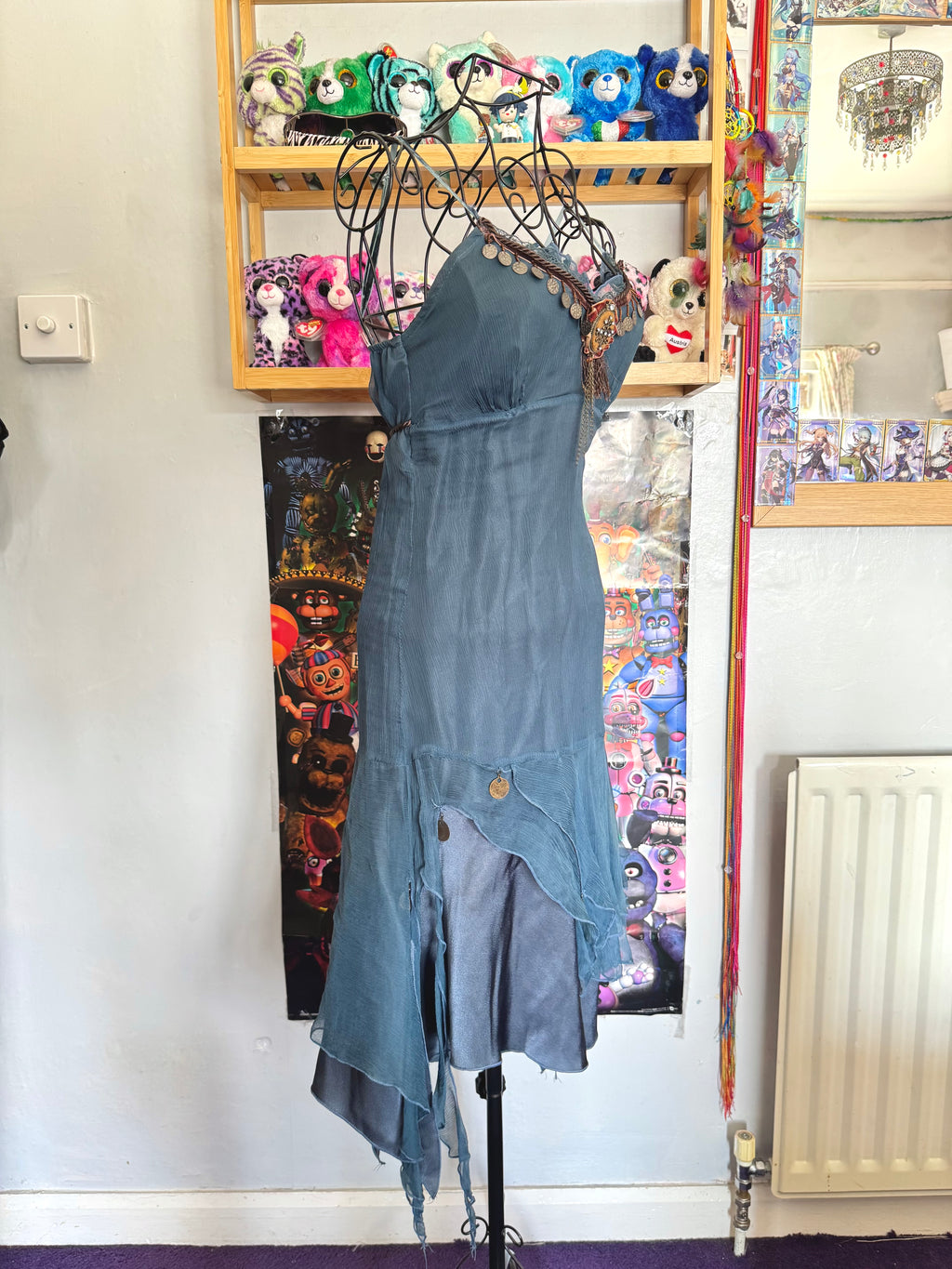 y2k vintage blue silk midi dress with asymmetrical hanky hem and coin tassels