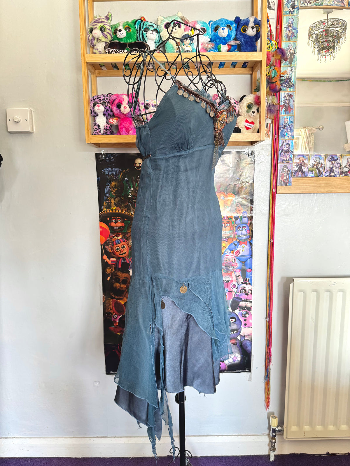 y2k vintage blue silk midi dress with asymmetrical hanky hem and coin tassels