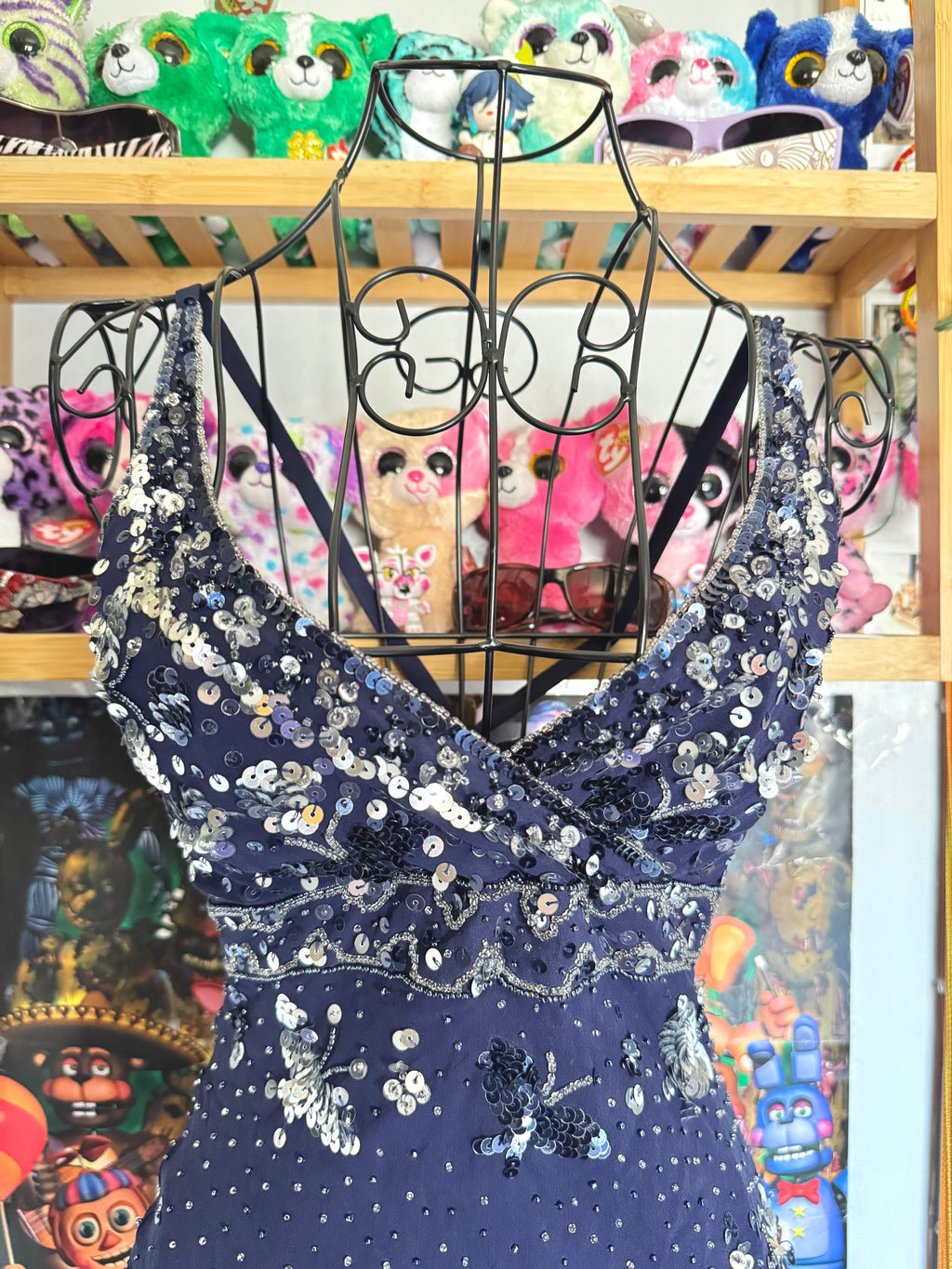 y2k vintage silk royal blue crisscross back fitted slightly cropped cami with butterfly sequins