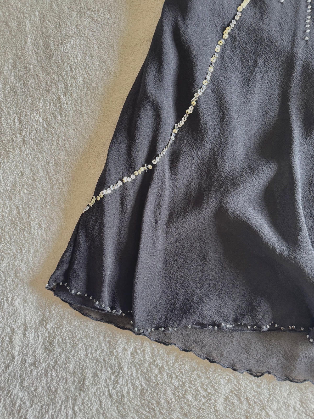 y2k vintage silk black and silver sequin embellished floaty mini dress