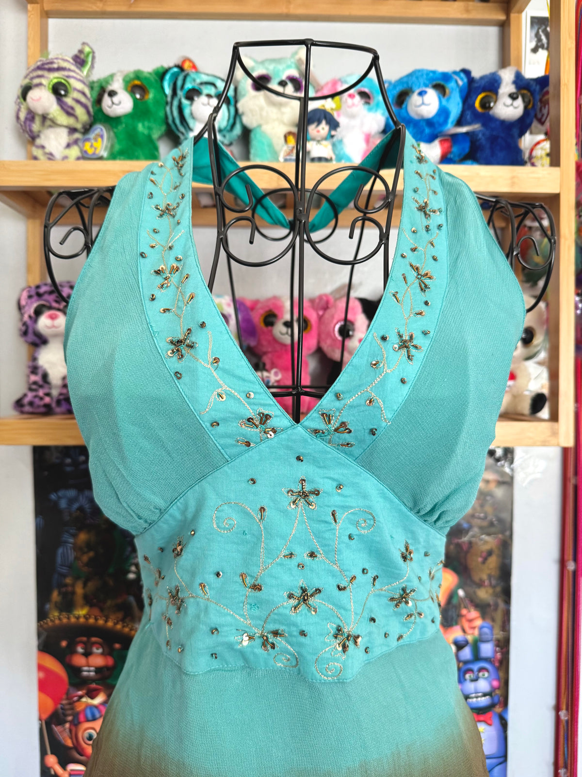 y2k vintage ombre brown and turquoise blue fitted halterneck floral embroidered top