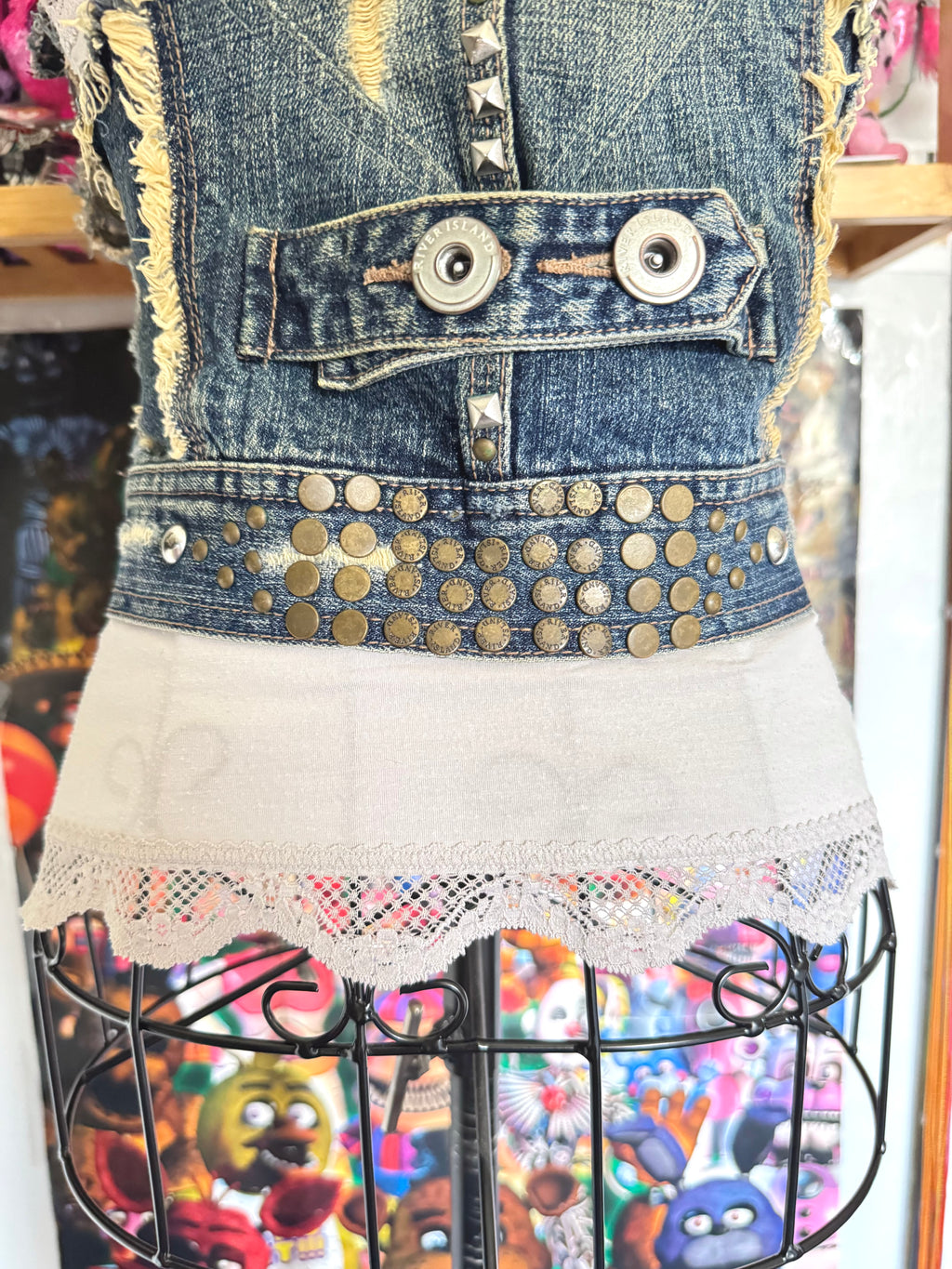 y2k vintage medium wash denim sleeveless waistcoat with studs and punk details