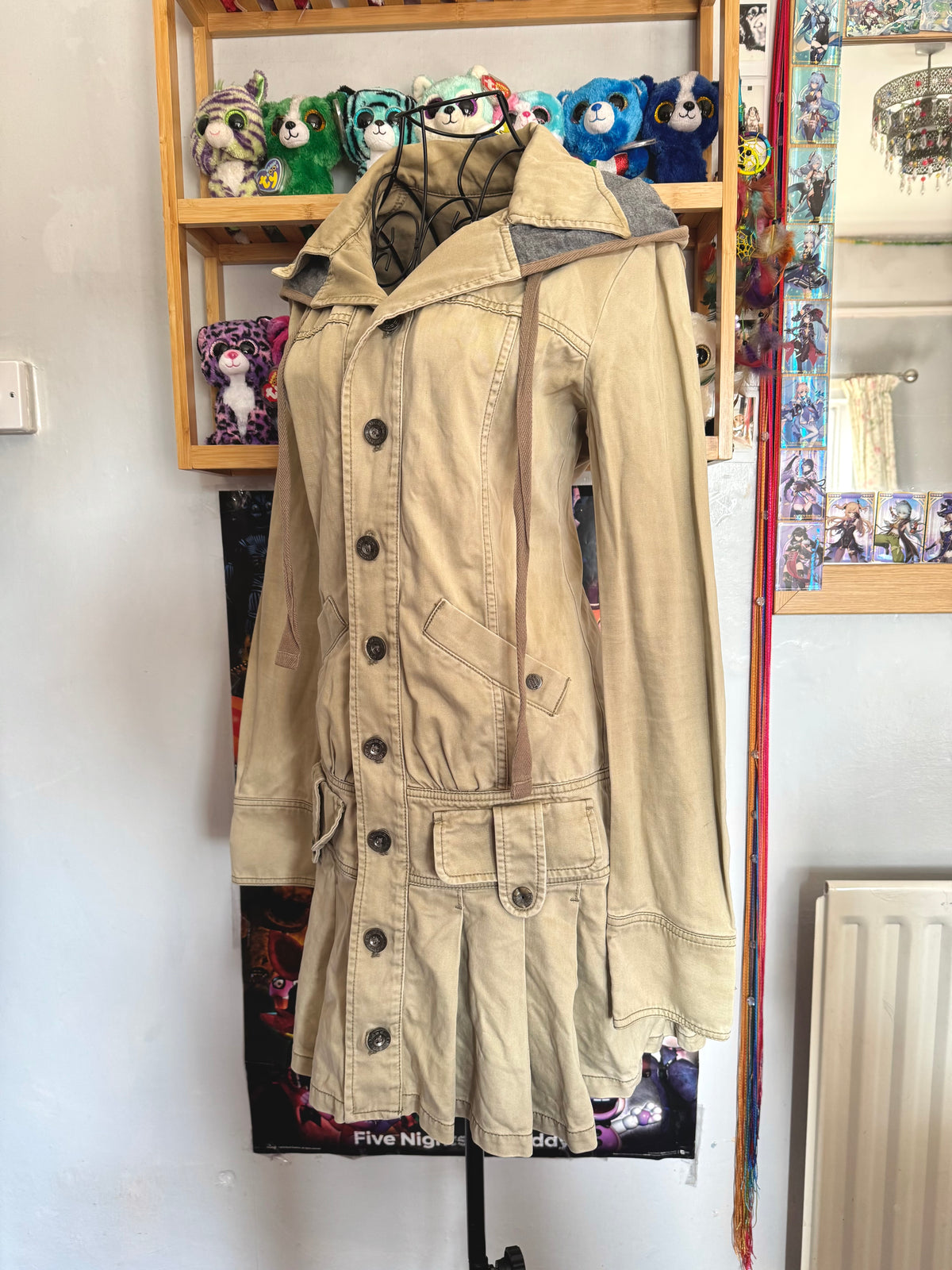 y2k vintage fitted button up archival hooded pleated trench coat archival drawstring