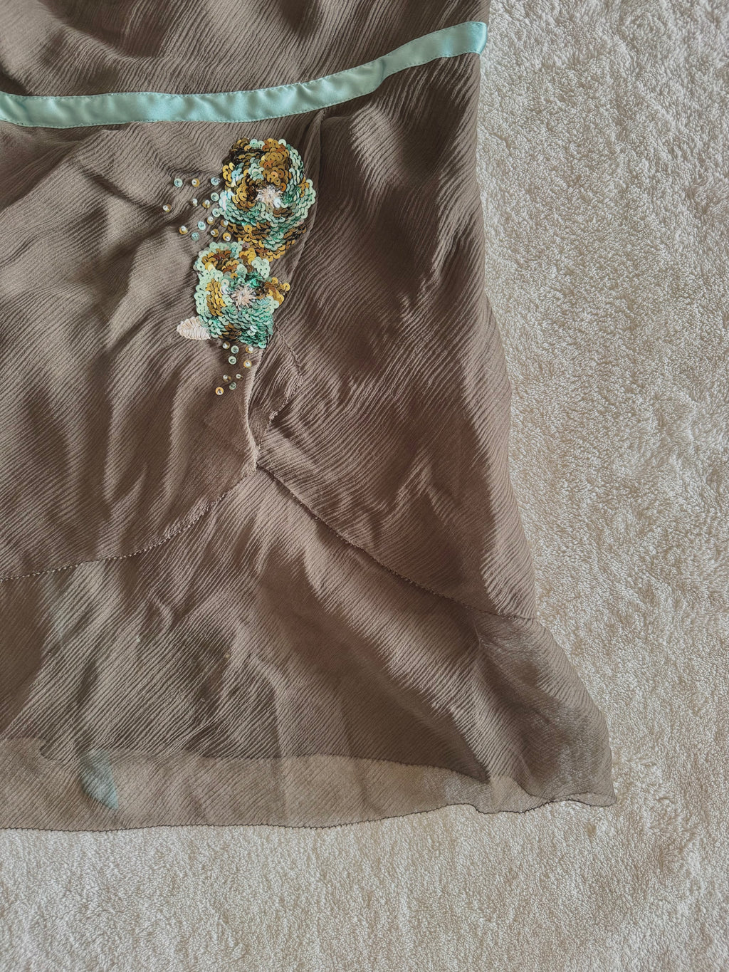 y2k vintage brown, turquoise silk asymmetric layered fairy halter cami top with sequins
