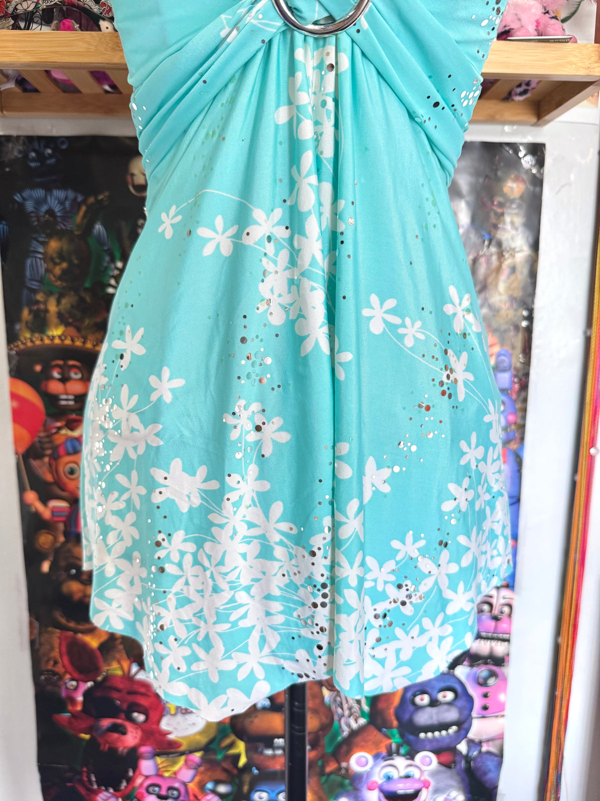 y2k vintage turquoise blue floral slinky fitted cami top with sequins