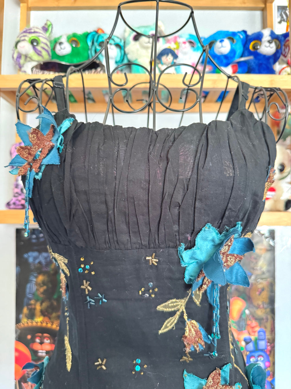 y2k vintage boned and fitted black cami top with floral embroidery