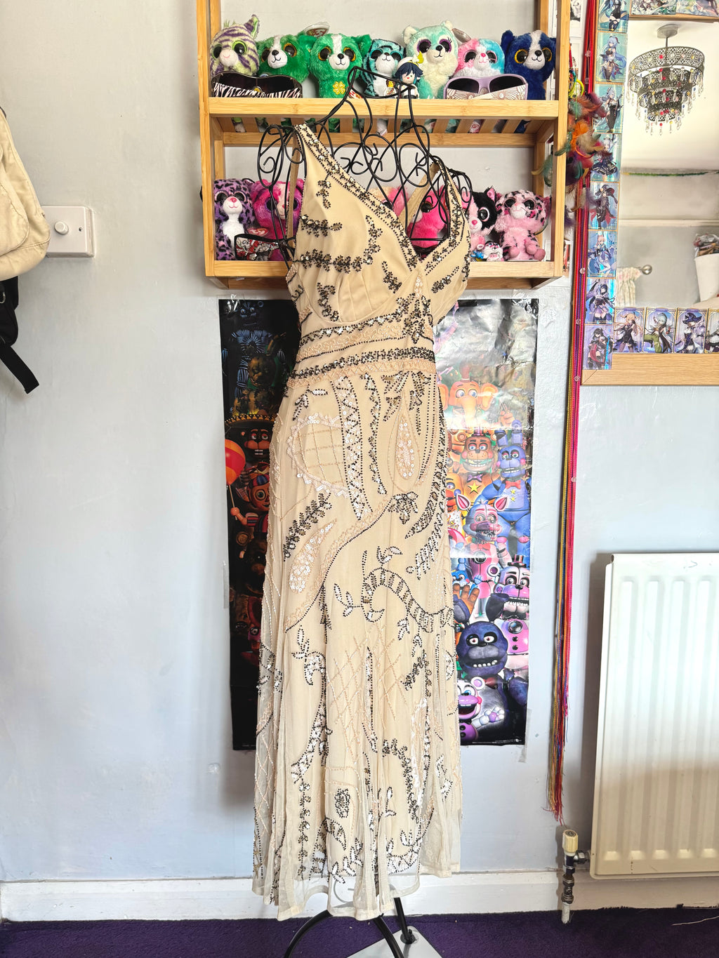 y2k vintage incredible heavily beaded beige midaxi dress 20’s gatsby style