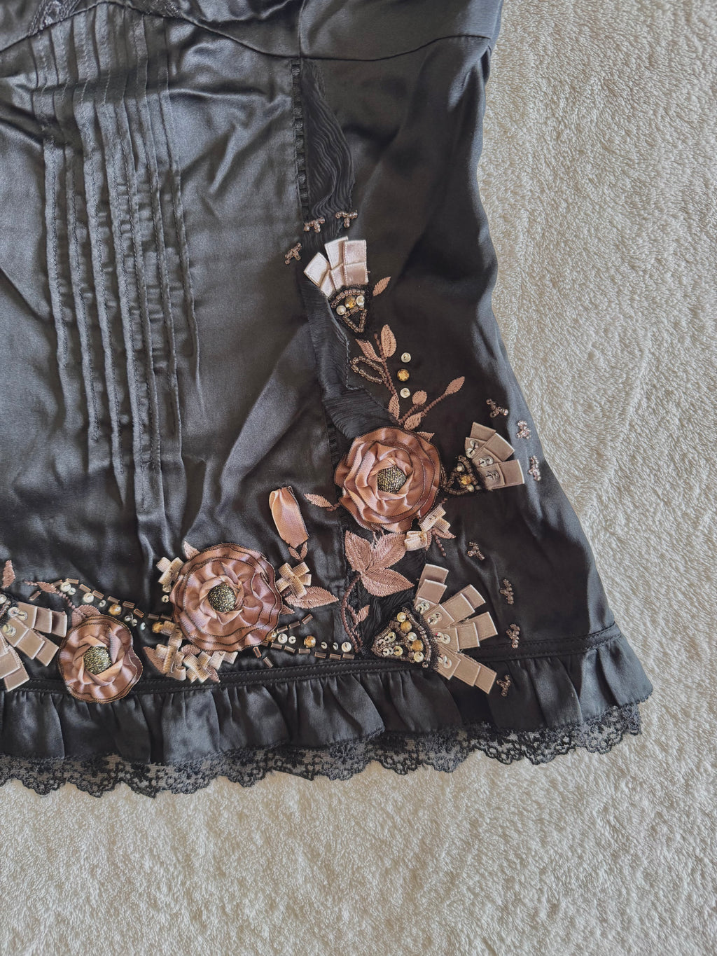 y2k vintage silk co-ord cami top and mini skirt with 3D blossoms embellished