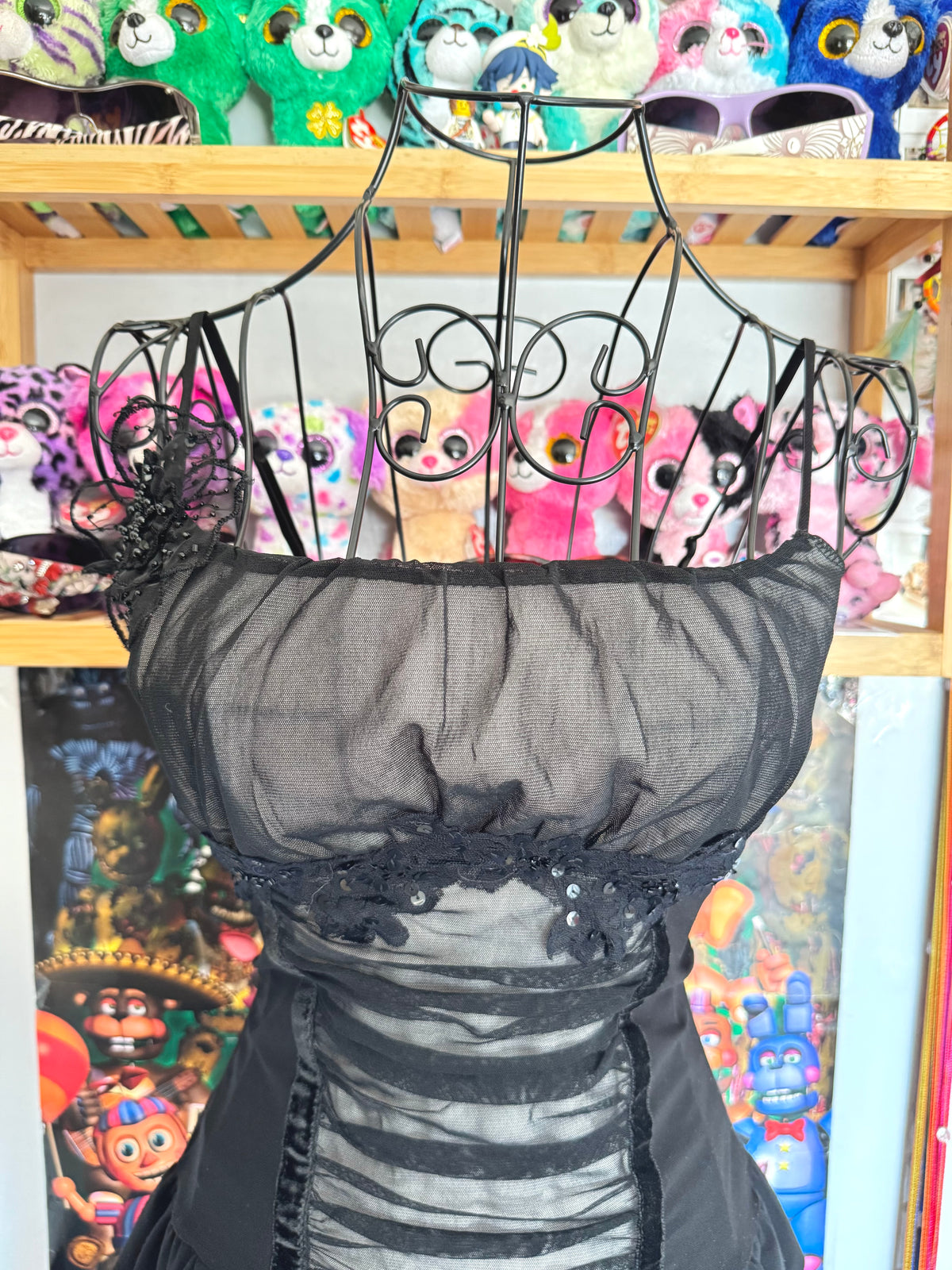 y2k vintage black mesh fitted cami top with ruffle hem and ruched milkmaid bust gothic