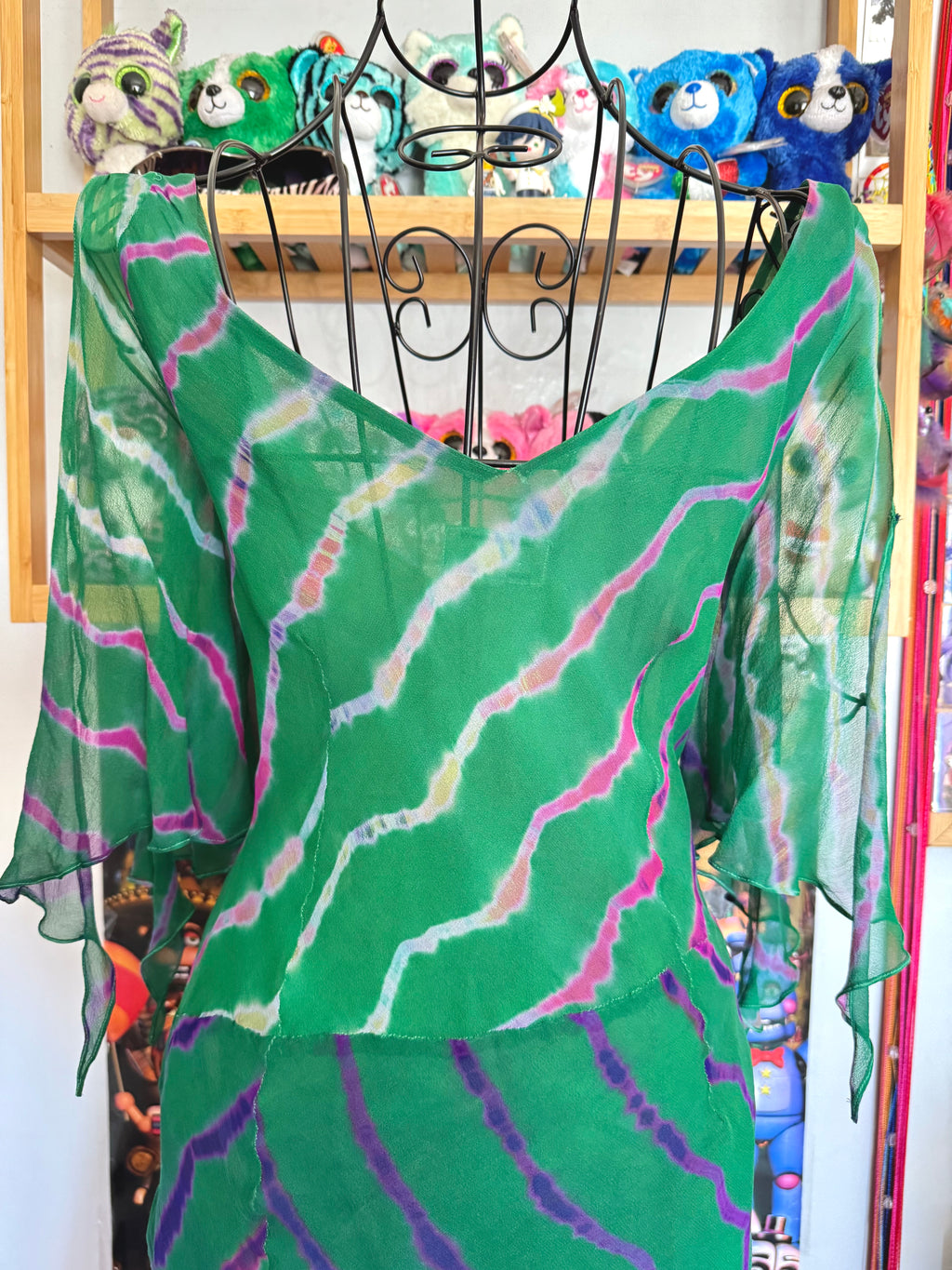 y2k vintage silk green flowy midaxi length dress with multicoloured embroidered details