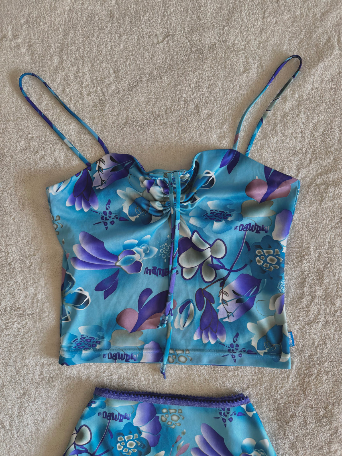y2k vintage aqua blue h2o floral print two piece midi skirt and cami top set