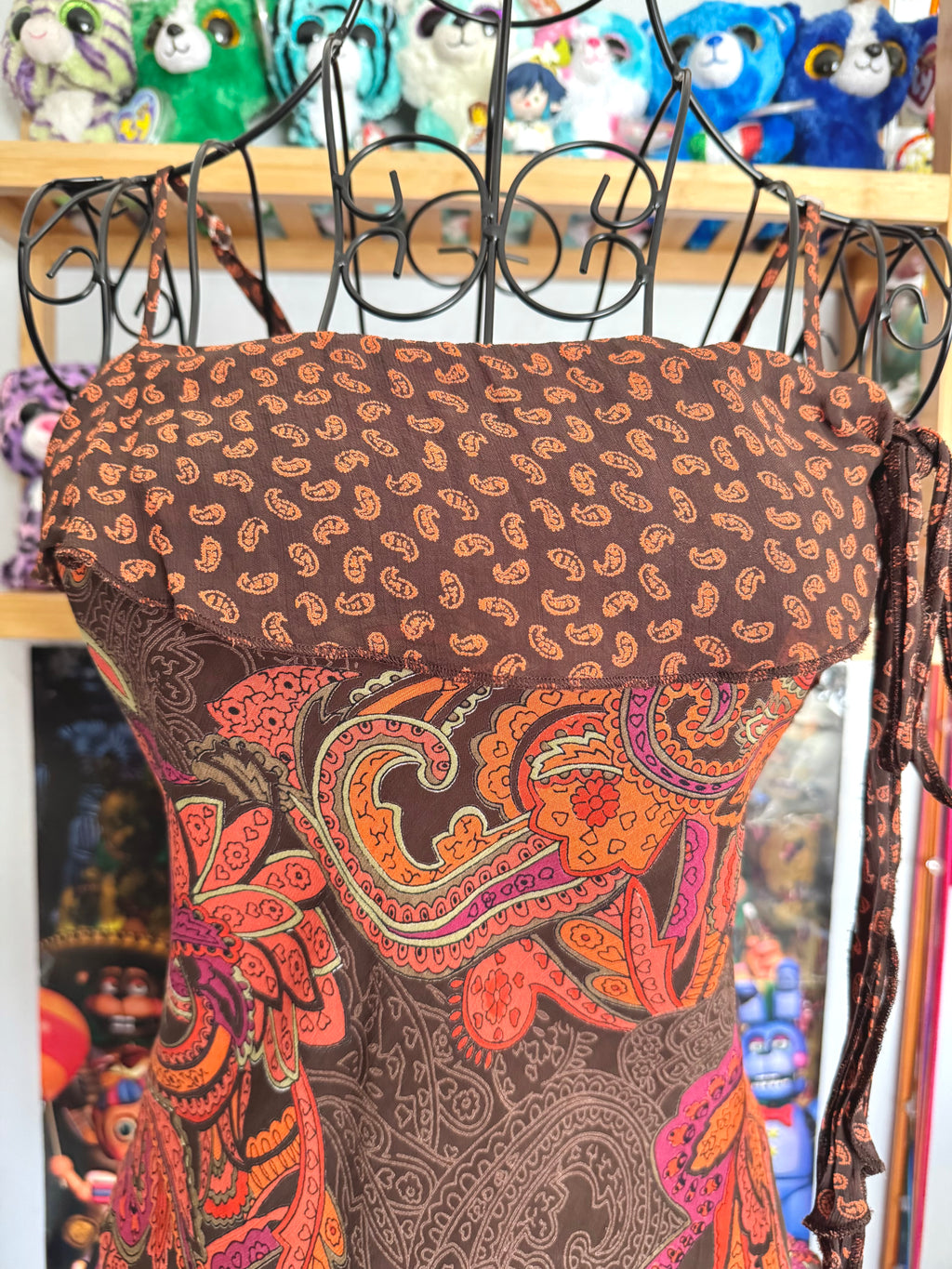 y2k vintage fitted brown and orange paisley print cami top