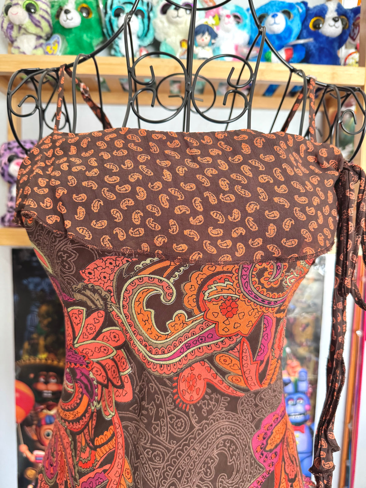 y2k vintage fitted brown and orange paisley print cami top