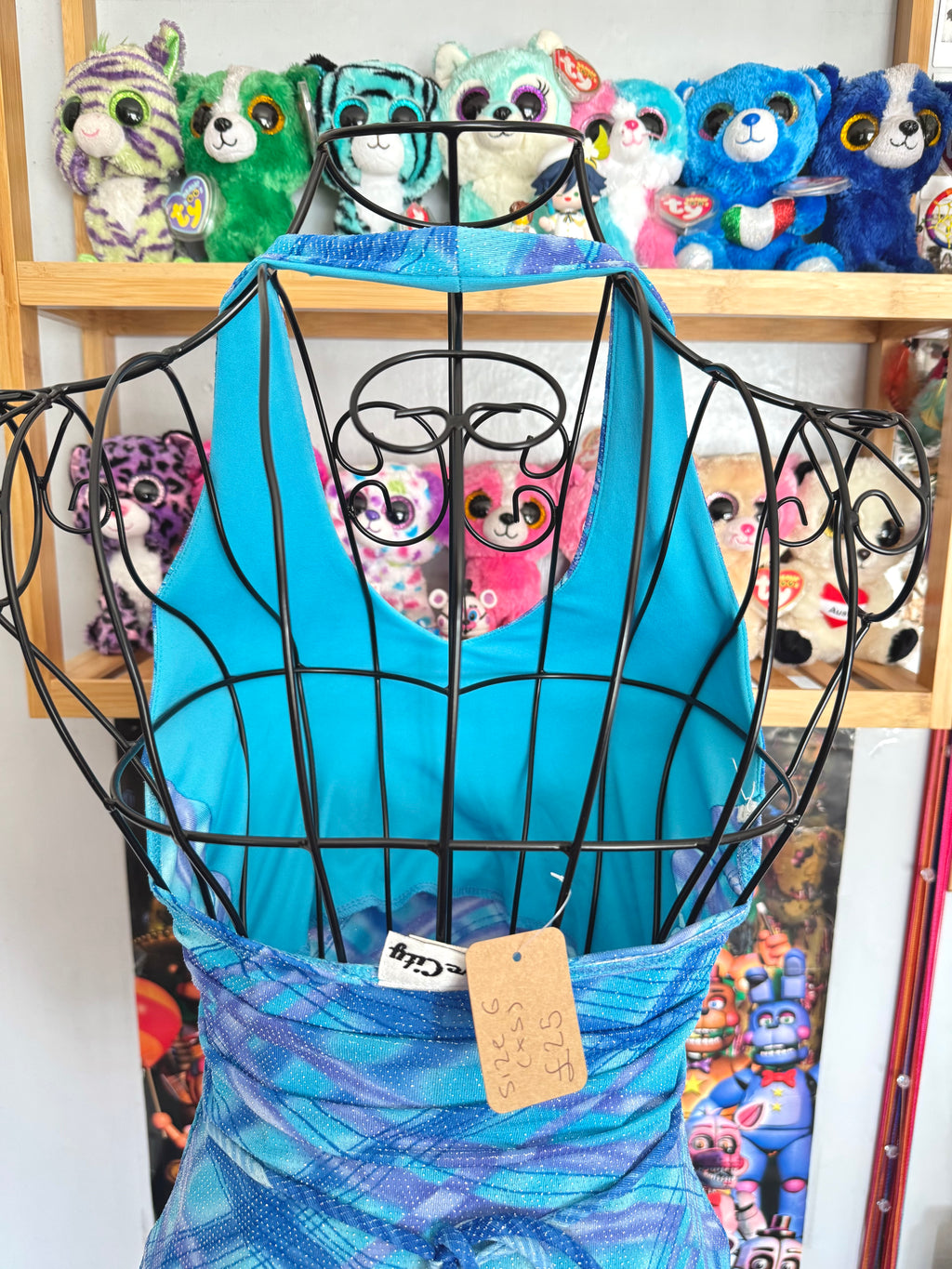 y2k vintage aqua blue fitted halterneck tie back top with glittery shimmer throughout