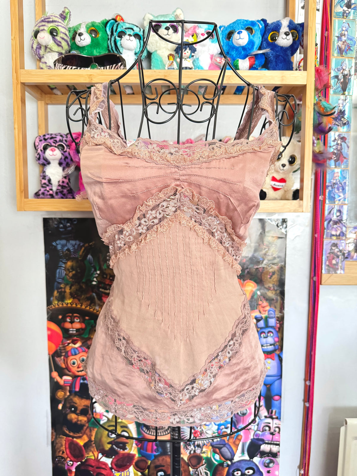 y2k vintage silk dusky pink fitted floral lace trim cami top