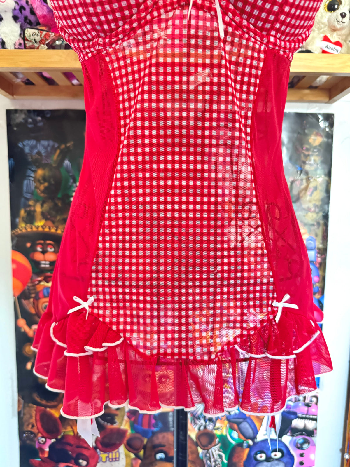 y2k vintage red and white gingham mesh babydoll cami top coquette