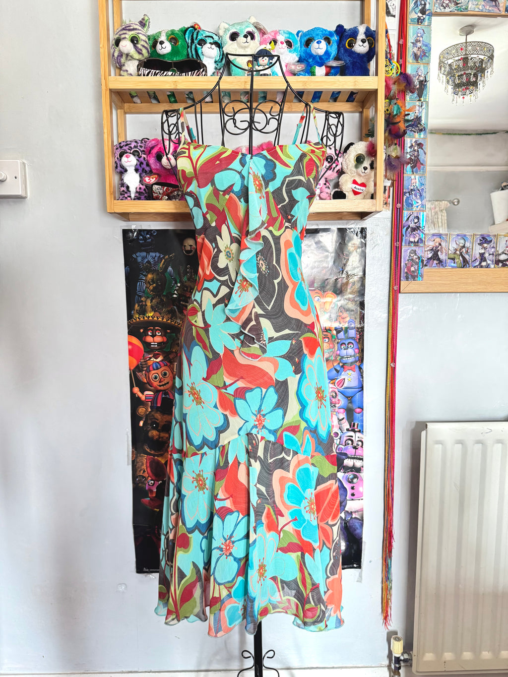 y2k vintage multicoloured blue floral print midi dress