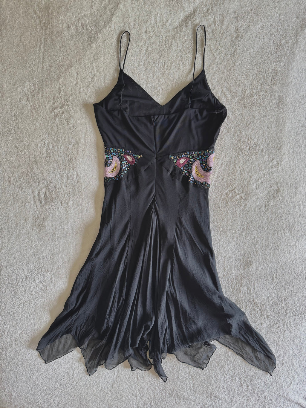 y2k vintage silk black and pink butterfly sequin embellished floaty fairy hem midaxi length dress