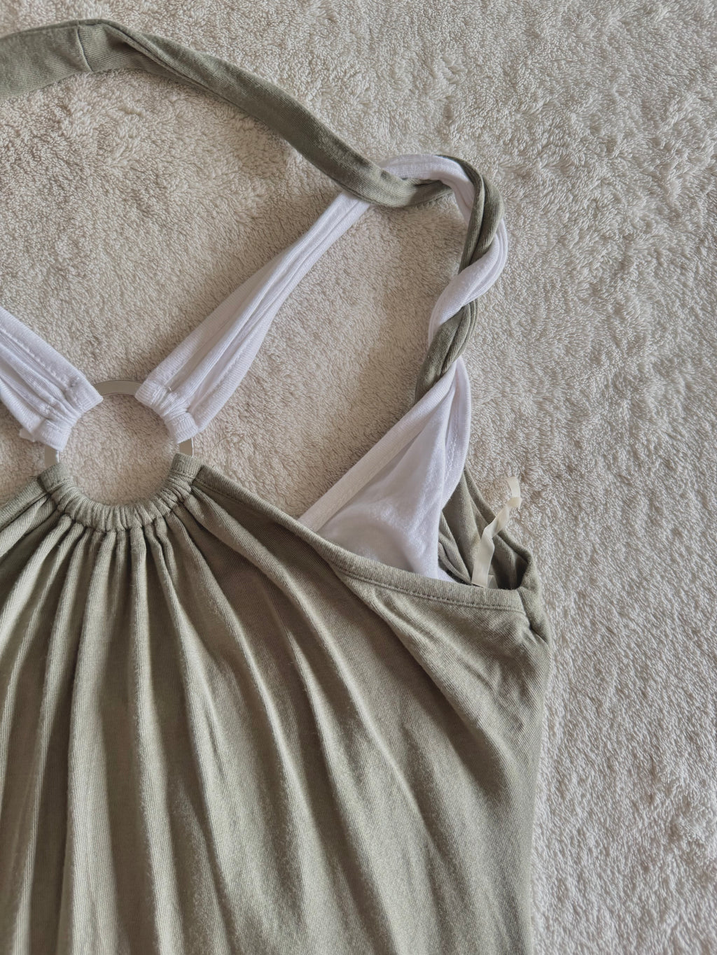 y2k vintage khaki green and white layered cowl neck fitted top with o-ring back