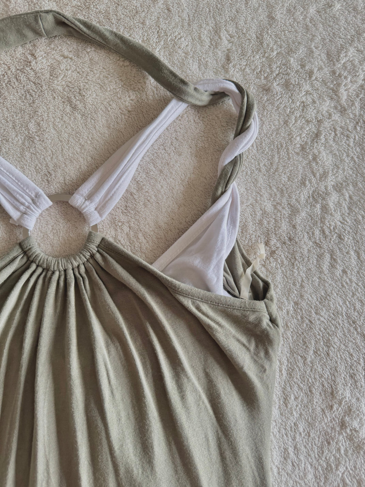 y2k vintage khaki green and white layered cowl neck fitted top with o-ring back