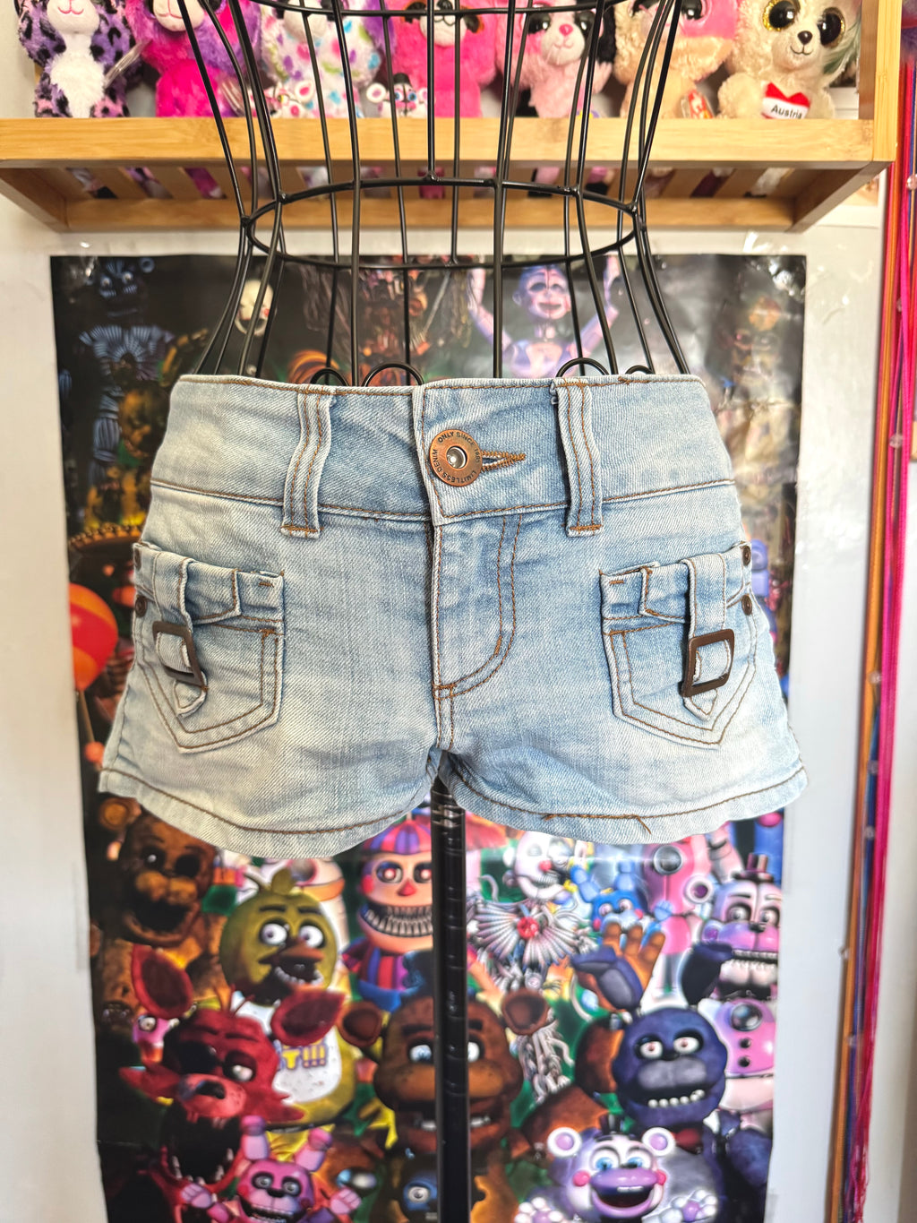 y2k vintage low waisted light was denim micro mini shorts with buckles
