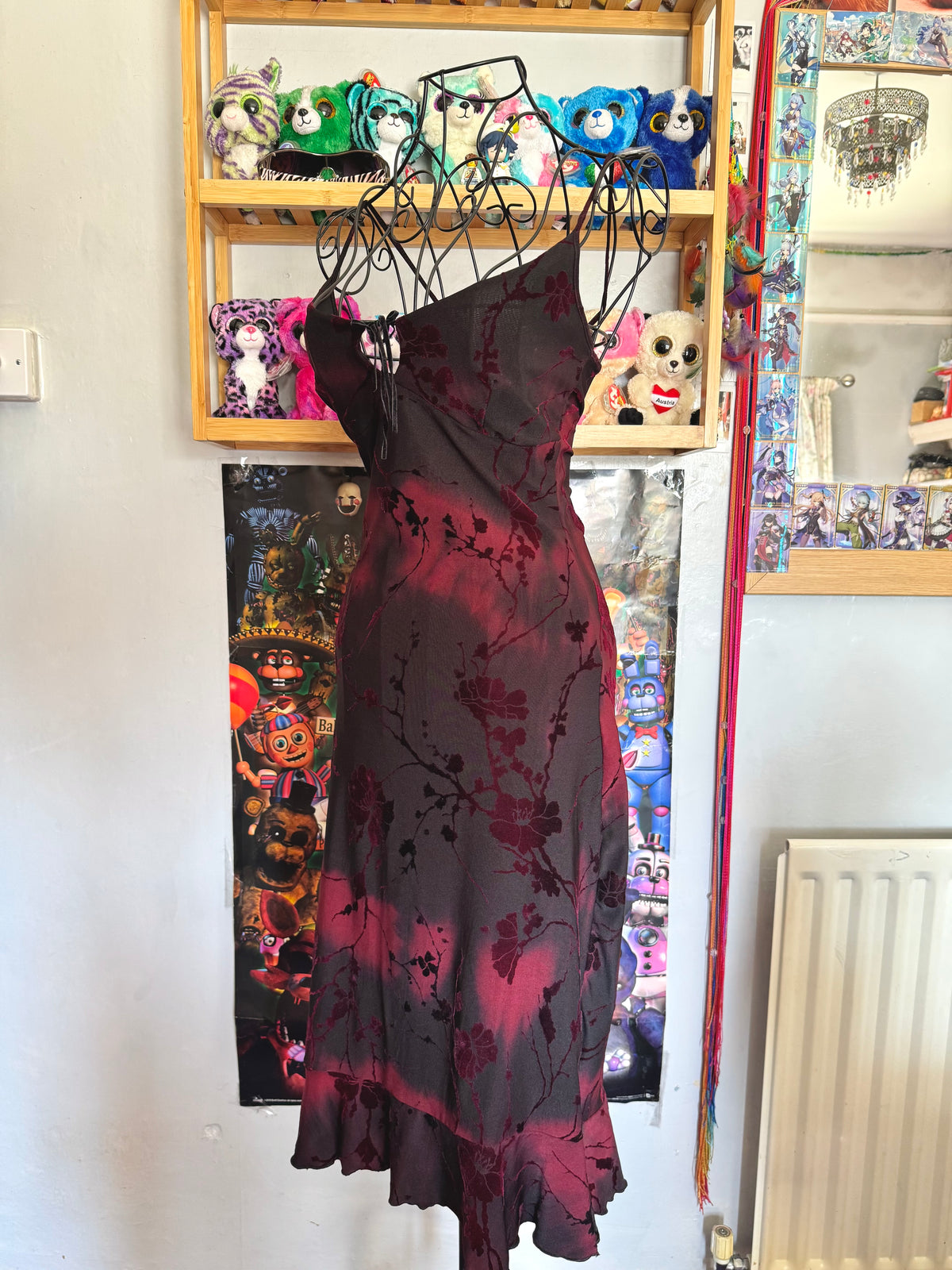 y2k vintage red and black velvet floral midi dress