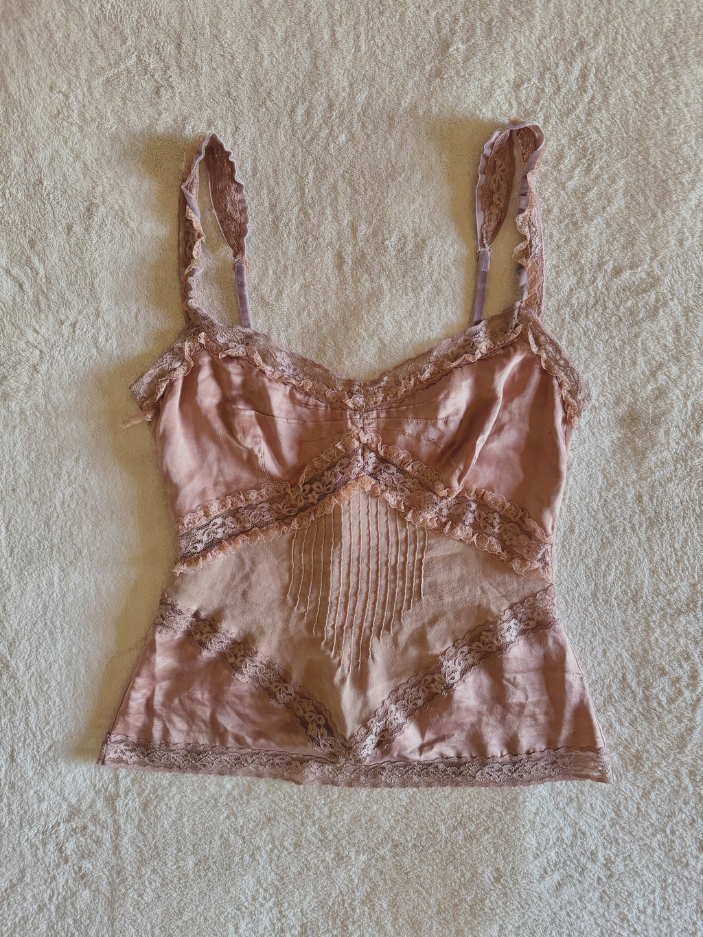 y2k vintage silk dusky pink fitted floral lace trim cami top