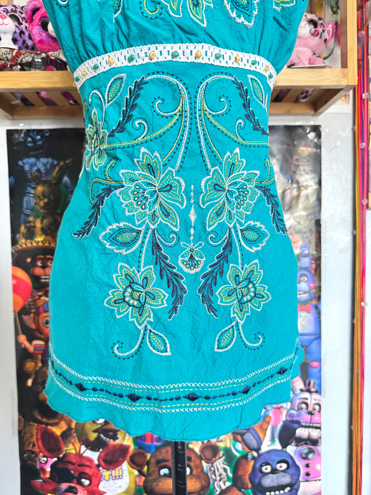 y2k vintage teal blue tie back fitted cami top with expansive floral embroidery