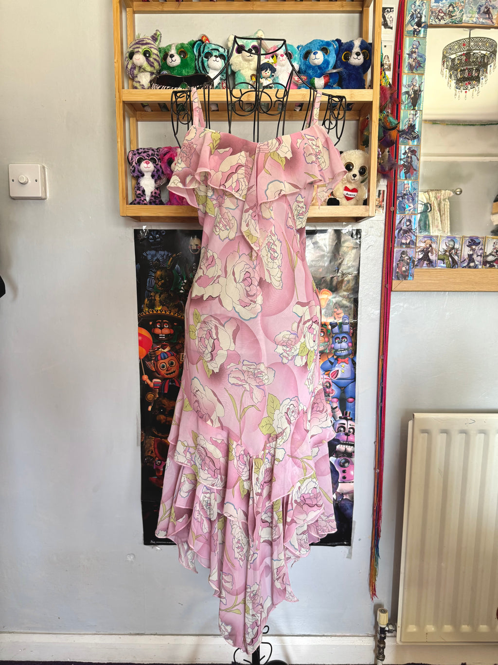 y2k vintage pink floral ruffled asymmetrical hem midi dress