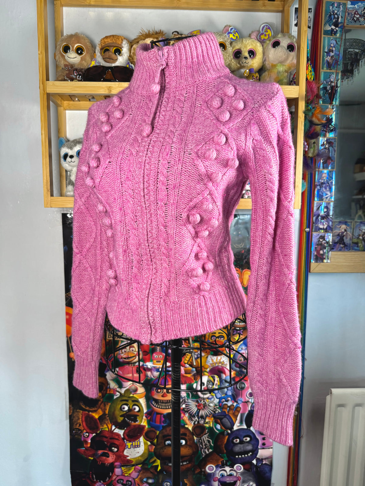 y2k vintage pink fitted cropped chunky cosy zip up jumper with bobbles