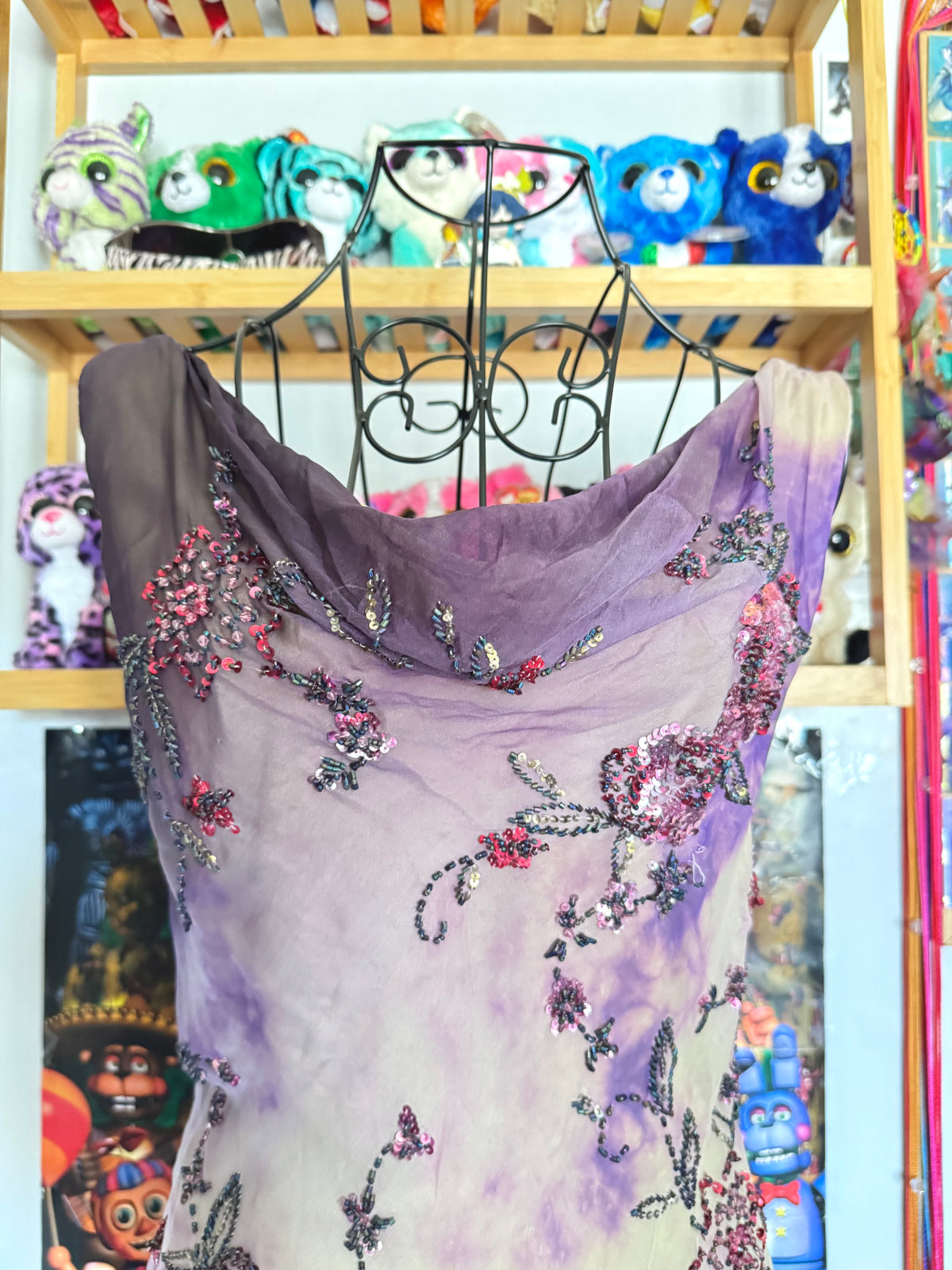 y2k vintage violet purple whimsical silk floral beaded hanky hem cowl neck maxi dress fairy