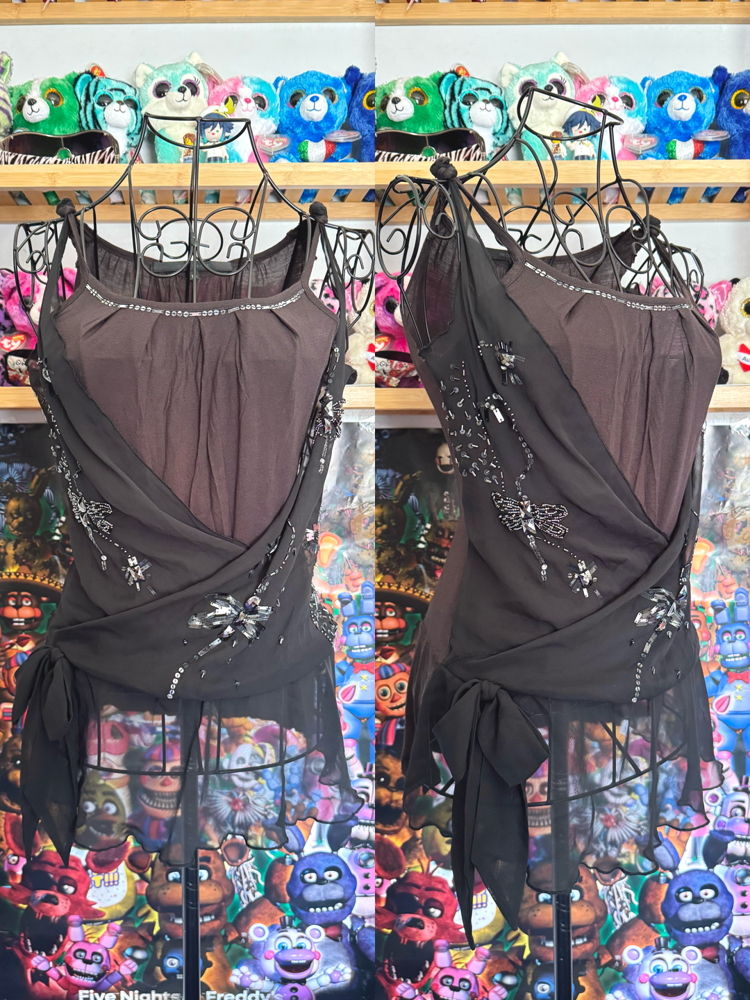 y2k vintage layered vest top with dragonfly jewels embellished and lettuce hem