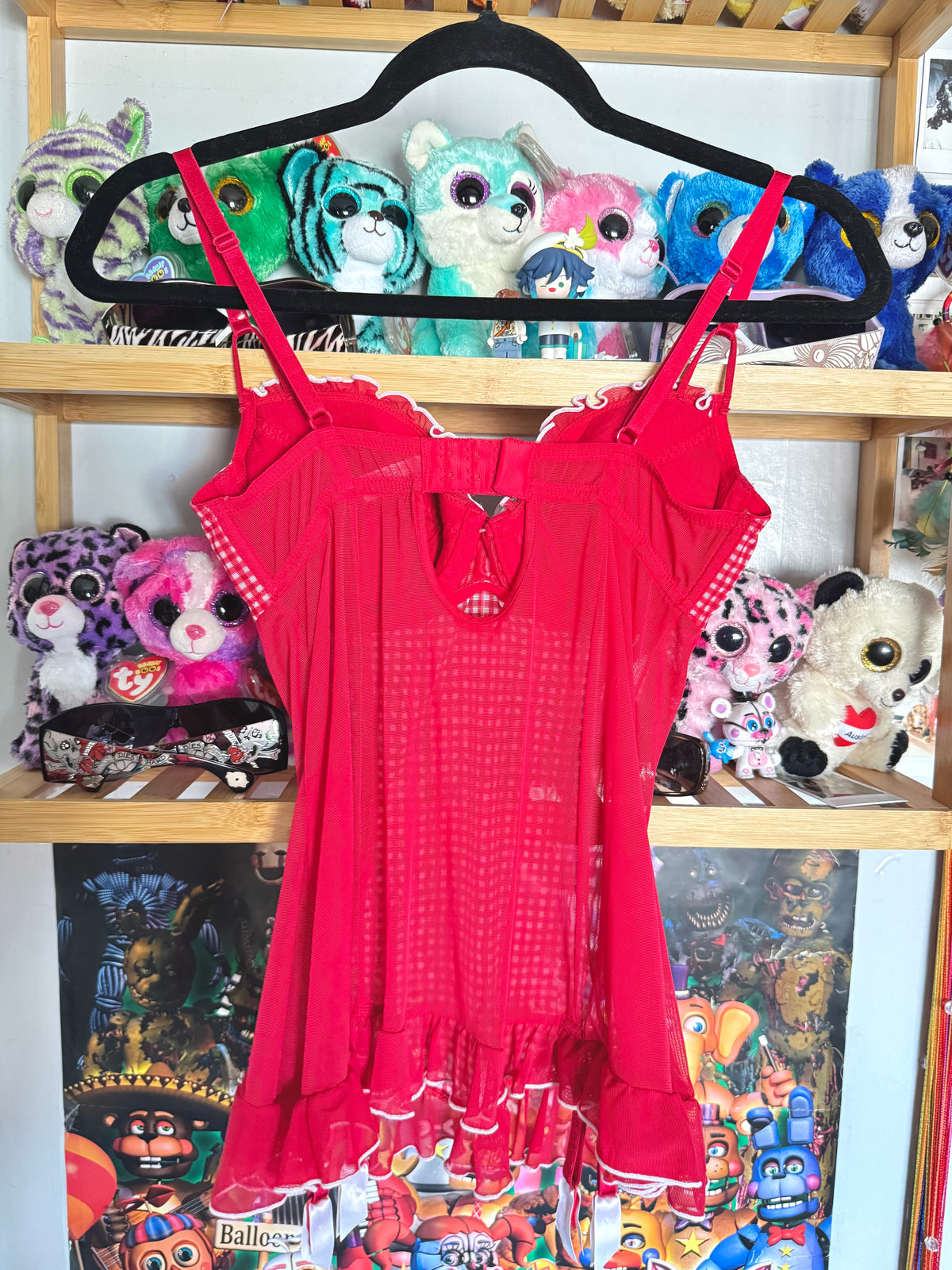 y2k vintage red and white gingham mesh babydoll cami top coquette