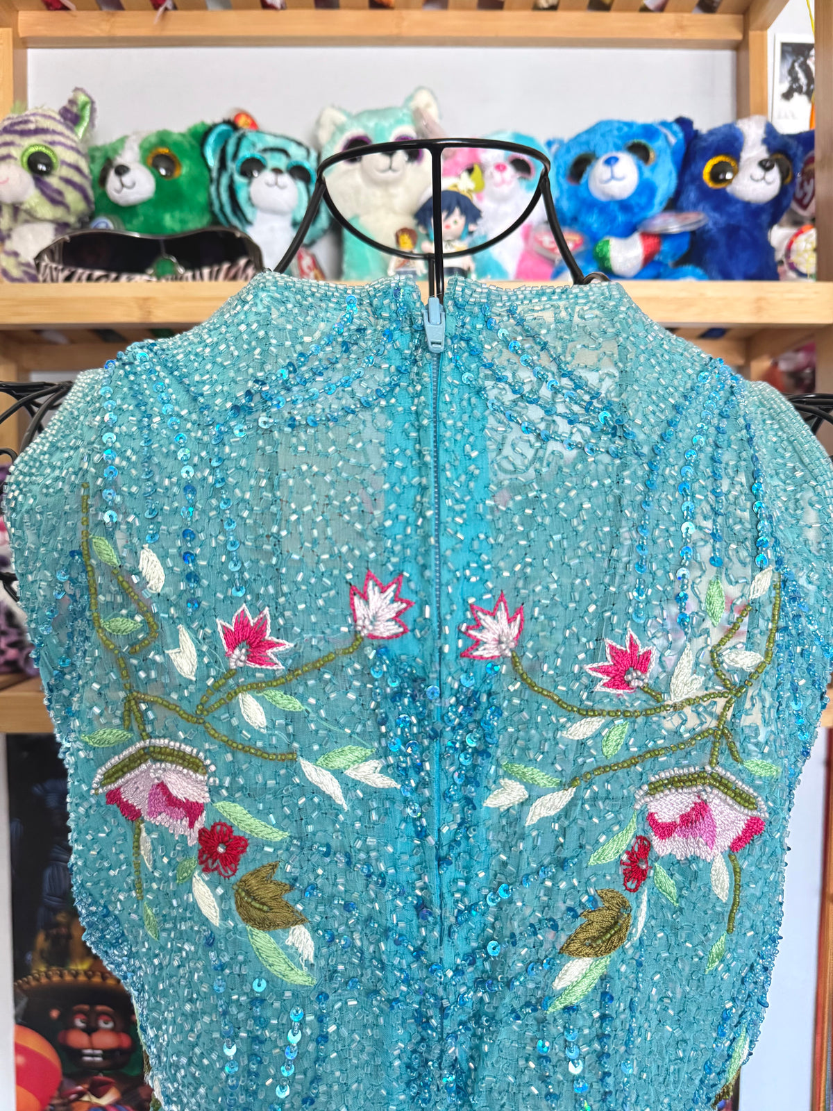 y2k vintage turquoise blue heavily beaded silk fitted vest top mermaid
