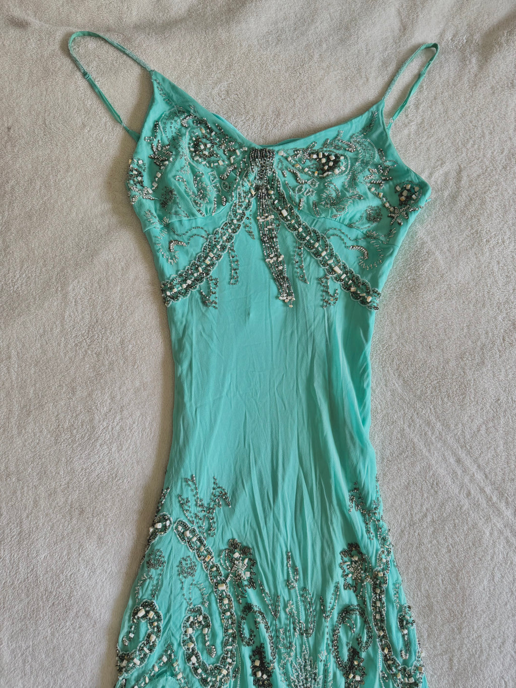 vintage 90’s turquoise blue silk heavily beaded handmade fishtail maxi dress mermaid core
