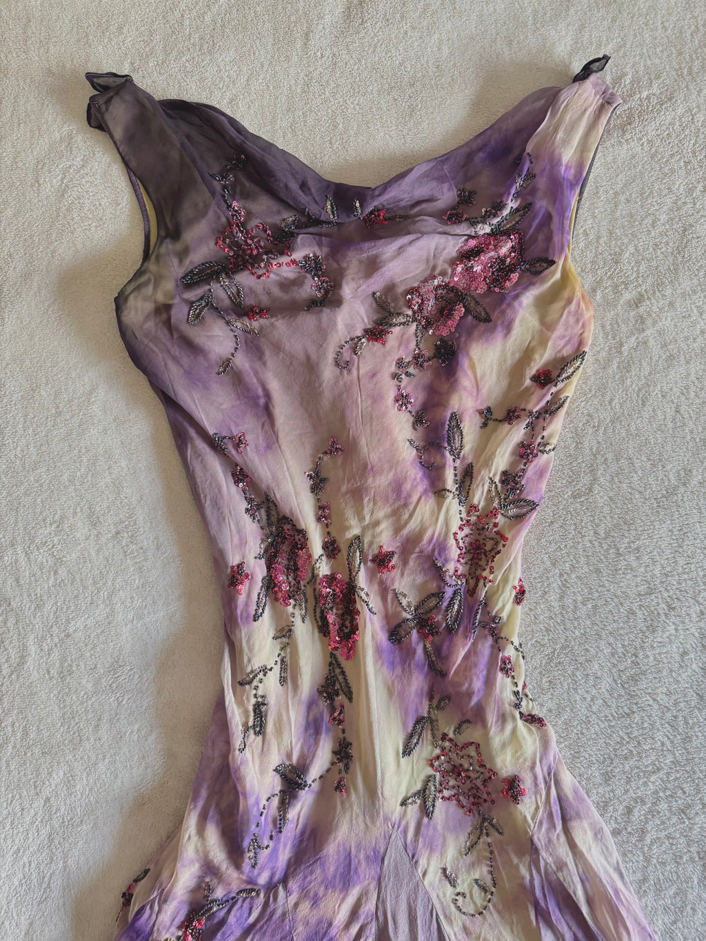 y2k vintage violet purple whimsical silk floral beaded hanky hem cowl neck maxi dress fairy