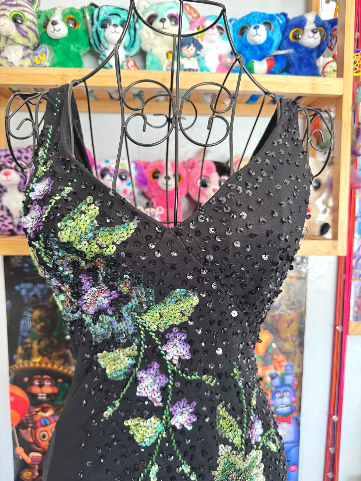 y2k vintage silk asymmetrical hem V-neck sequin embellished occasion dress