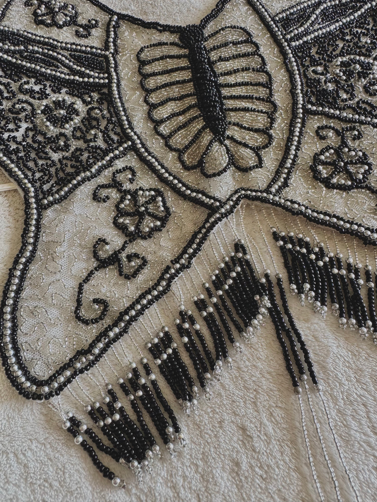 y2k vintage backless fitted fully beaded black and white halterneck butterfly top festival