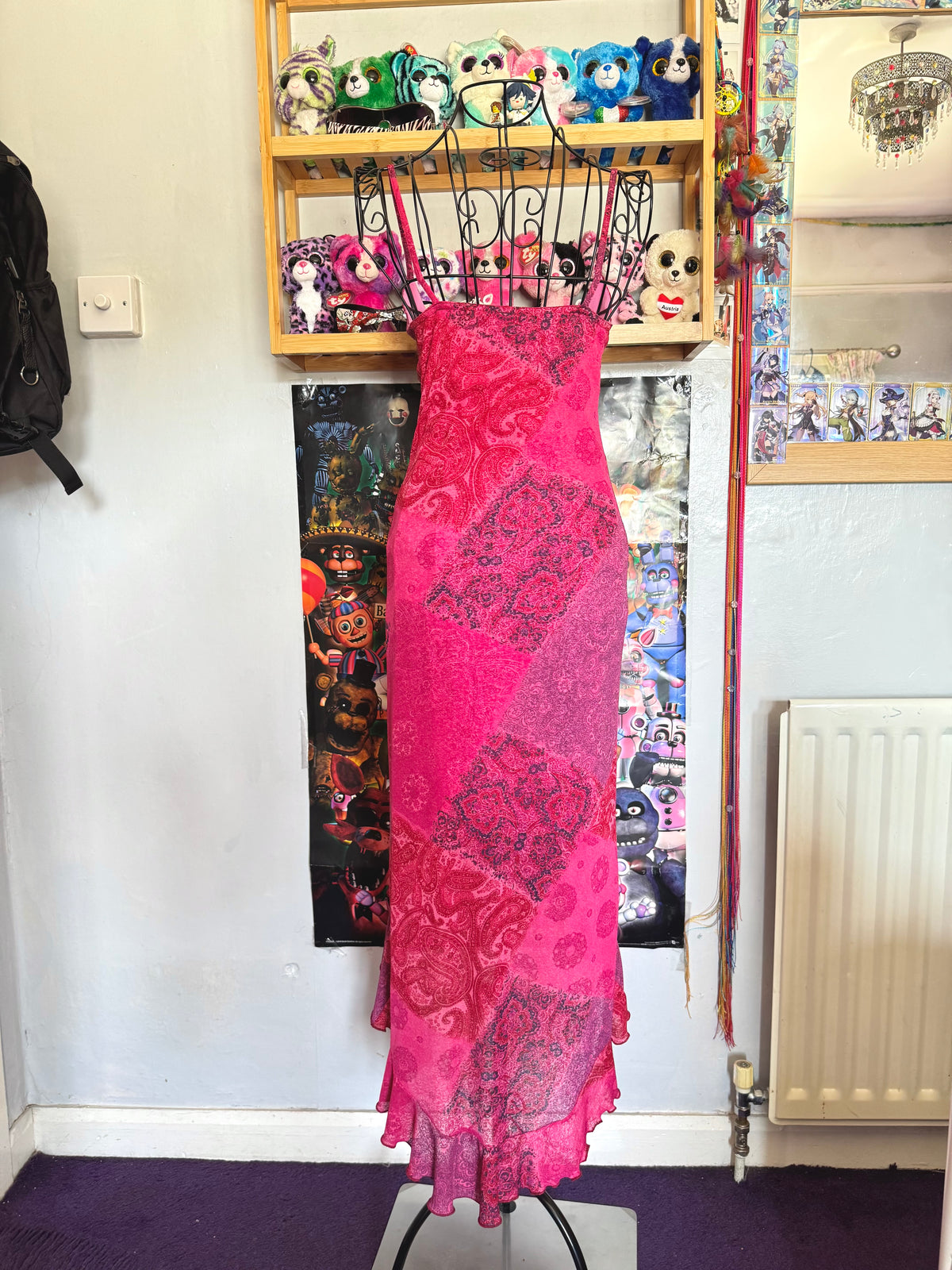 y2k vintage pink paisley print patchwork style midaxi length mesh dress