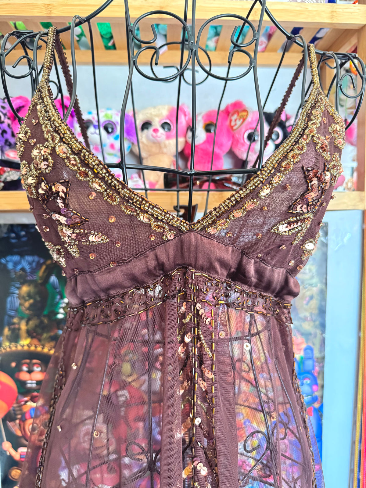 y2k vintage chocolate brown sequin embellished tie back floaty fairycore cami top earthy