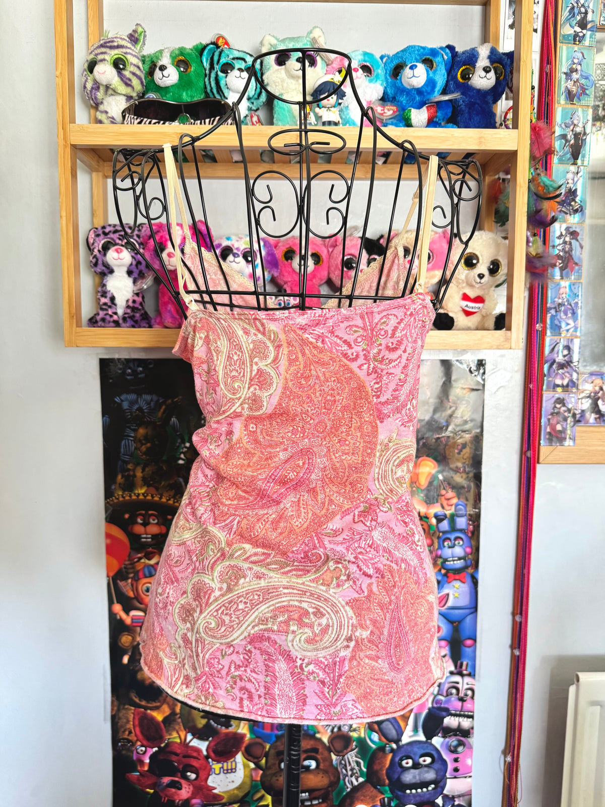 y2k vintage paisley print pink fitted cami top with sequins and lace trimmings