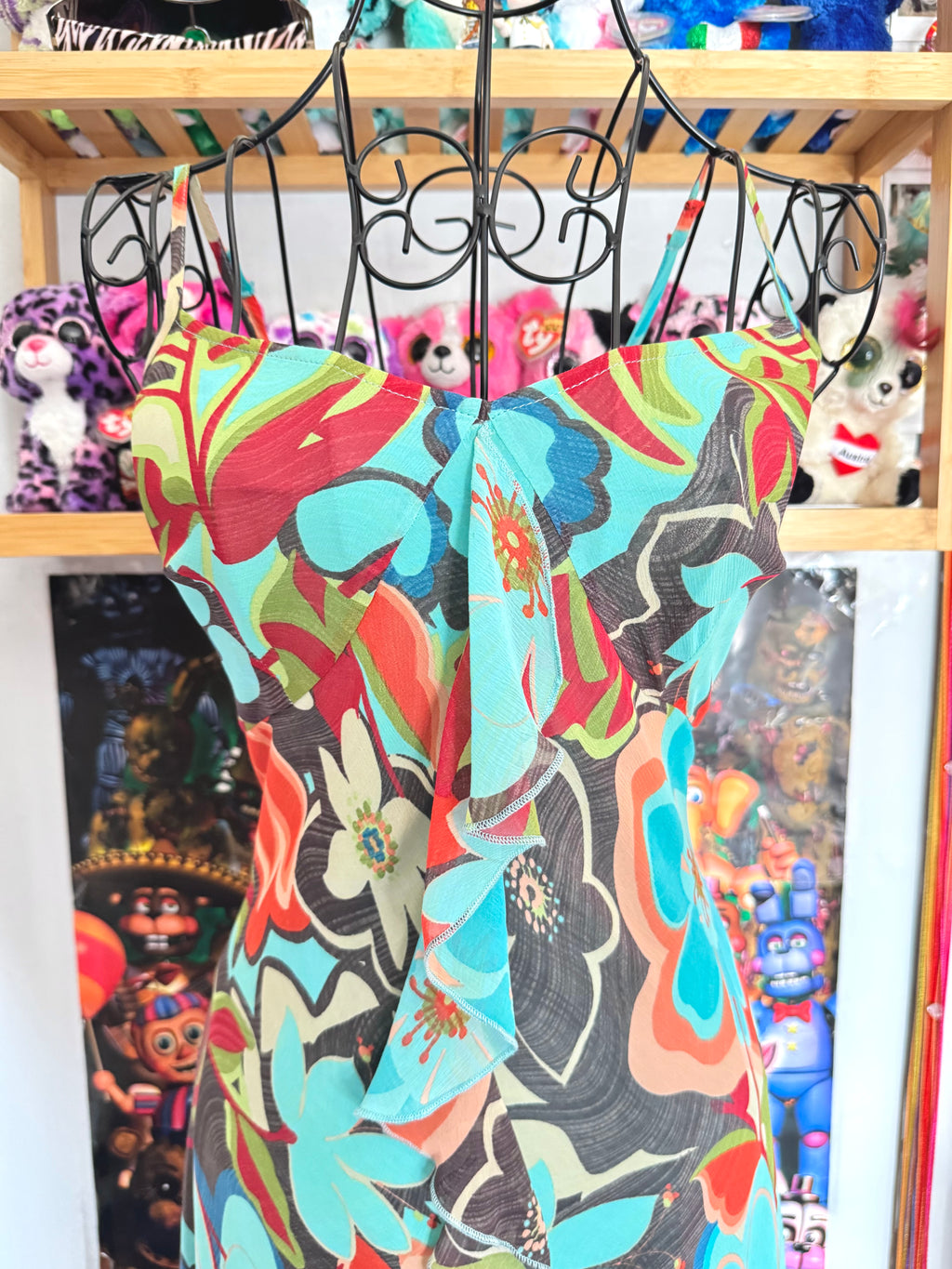 y2k vintage multicoloured blue floral print midi dress