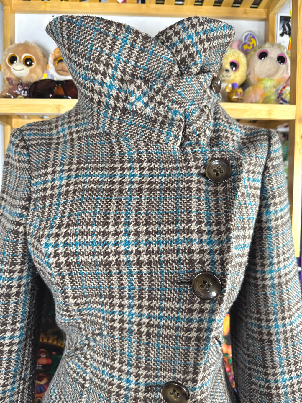 y2k vintage funnel neck plaid button up peacoat with detachable adjustable belt