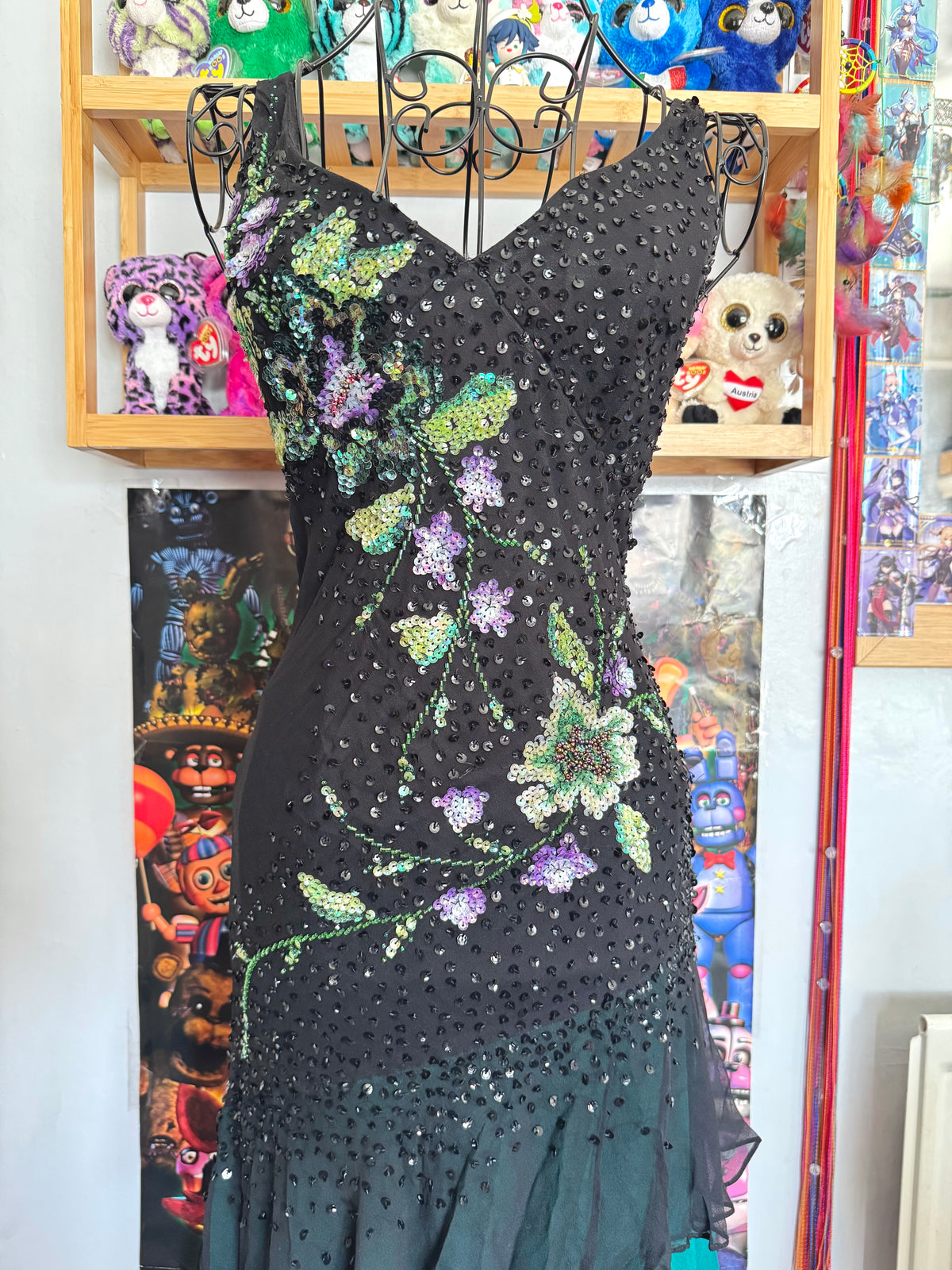 y2k vintage silk asymmetrical hem V-neck sequin embellished occasion dress